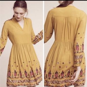Anthro Floreat Raella Embroidered Mustard Yellow Dress XSP